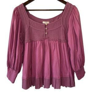 Easel Blush Smocked Yoke Raw Hem Puff Sleeve Tunic Top Prairie Boho Peasant Sz S